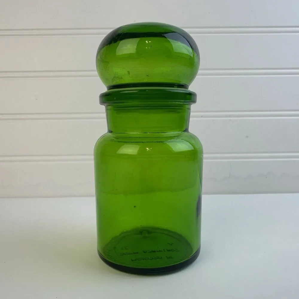 Vintage Green Apothecary Bottle Round Bubble Glass Stopper 5.5” Made in Belgium